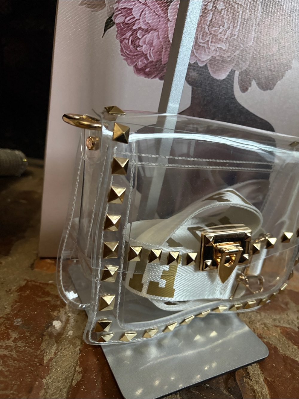 Clear Crossbody Bag with Gold Stud Accents and White Strap - Picture 3 of 4
